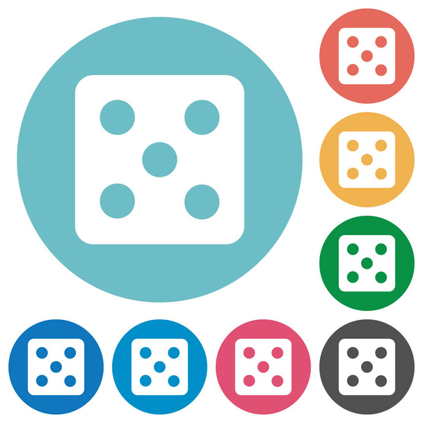 Dice five flat white icons on round color backgrounds - Vector, imagen