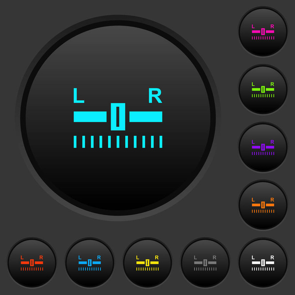 Audio balance control dark push buttons with vivid color icons on dark grey background - Vetor, Imagem