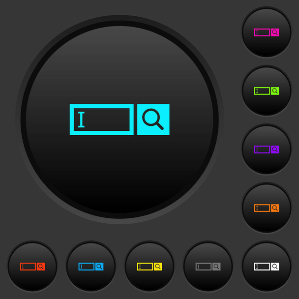 Search box with cursor dark push buttons with vivid color icons on dark grey background - Вектор, зображення