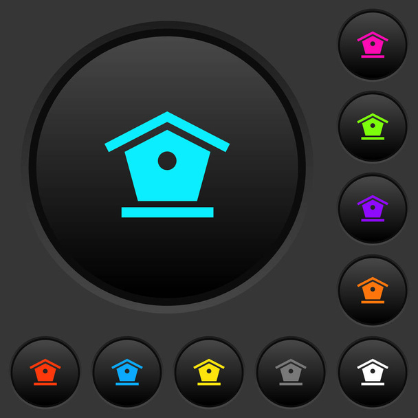 Bird feeder dark push buttons with vivid color icons on dark grey background - Vektor, Bild