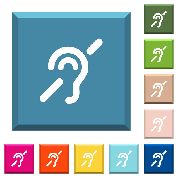 Sluchově postižené bílé ikony na omítané čtvercová tlačítka v různých módních barvách - Vektor, obrázek