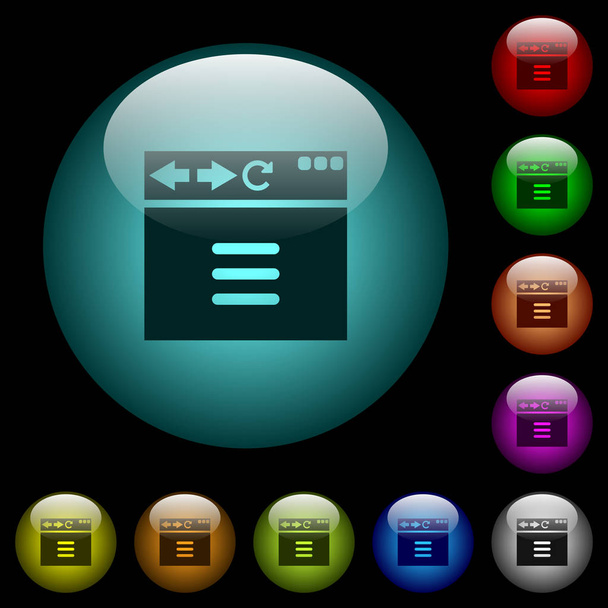 Browser options icons in color illuminated spherical glass buttons on black background. Can be used to black or dark templates - Vector, Image