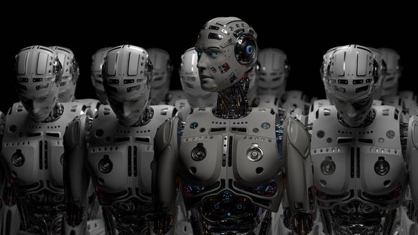3 d レンダリング非常に詳細な未来的なロボットの軍隊または黒い背景にサイボーグのグループ - 写真・画像