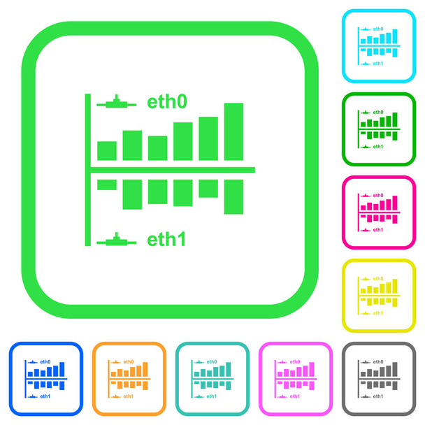 Statistiche di rete vivide icone piatte colorate in bordi curvi su sfondo bianco
 - Vettoriali, immagini