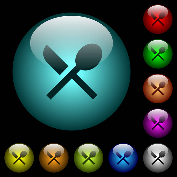 Dining icons in color illuminated spherical glass buttons on black background. Can be used to black or dark templates - Vector, Image