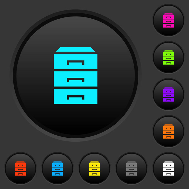 Categoriseren van donkere drukknoppen met pictogrammen met levendige kleuren op donkere grijze achtergrond - Vector, afbeelding