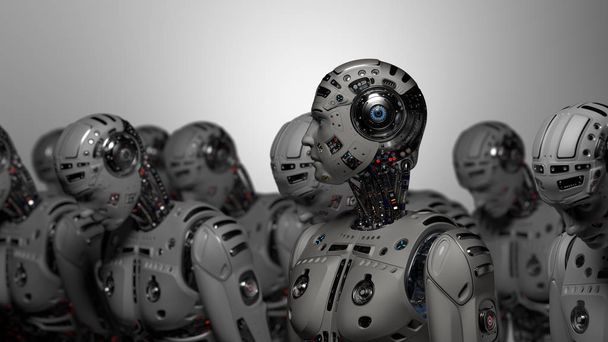 3D renderen van zeer gedetailleerde futuristische robot leger of groep van cyborgs op grijze achtergrond - Foto, afbeelding