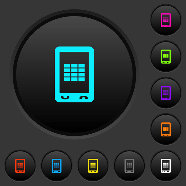 Мобильные электронные таблицы темные кнопки с яркими цветовыми значками на темно-сером фоне
 - Вектор,изображение