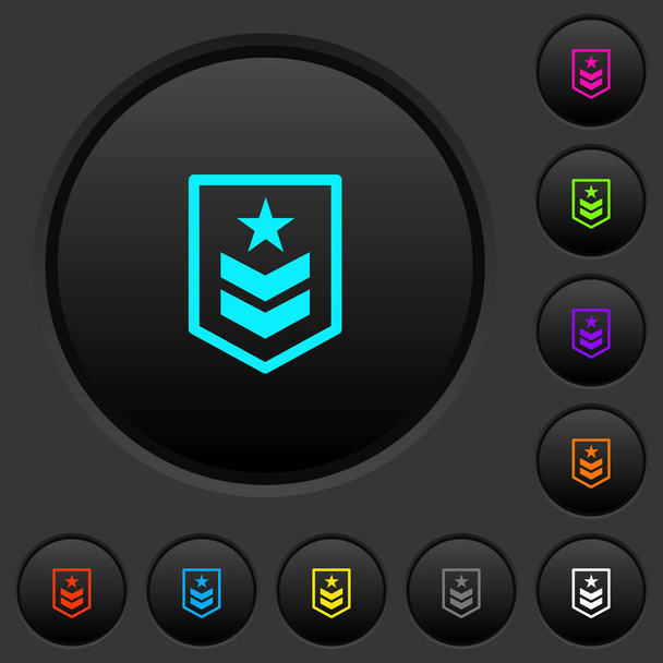 Στρατιωτική τάξη σκούρο κουμπιά με εικονίδια ζωηρό χρώμα σε σκούρο γκρι φόντο - Διάνυσμα, εικόνα