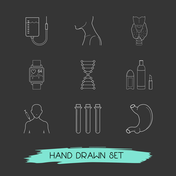 Set of anatomical icons line style symbols with test tube, neck, heartbeat tracker app and other icons for your web mobile app logo design. - Photo, Image
