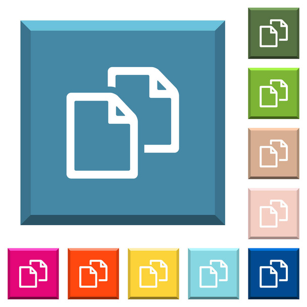 Witte documentpictogrammen op geslepen vierkante knoppen in verschillende trendy kleuren kopiëren - Vector, afbeelding