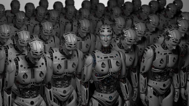 3D Renderöi hyvin yksityiskohtainen futuristinen robotti armeija tai ryhmä kyborgeja harmaalla pohjalla
 - Valokuva, kuva