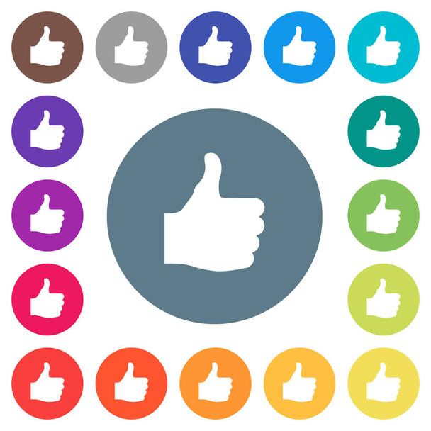 Thumbs up flat white icons on round color backgrounds. 17 background color variations are included. - Vector, Image