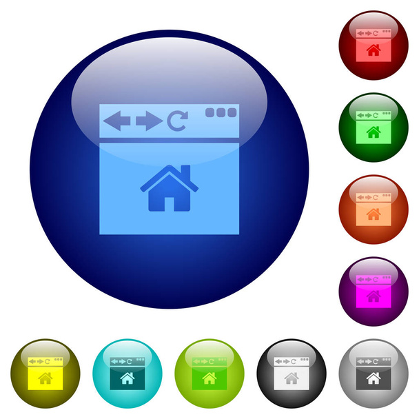 Browser home page icons on round color glass buttons - Διάνυσμα, εικόνα