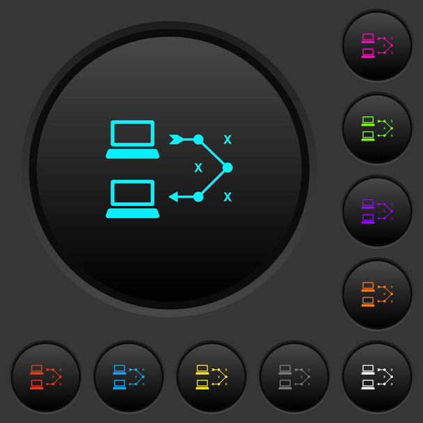 Traceroute ordenador remoto botones oscuros con iconos de color vivos sobre fondo gris oscuro
 - Vector, imagen