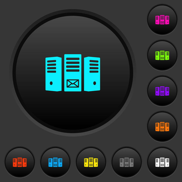 Mail server dark push buttons with vivid color icons on dark grey background - ベクター画像