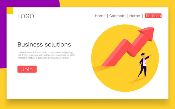 Business solutions. Upward arrow and a businessman showing the direction. Symbol of success, achievement. Web page concept. Vector illustration. - Vector, Image