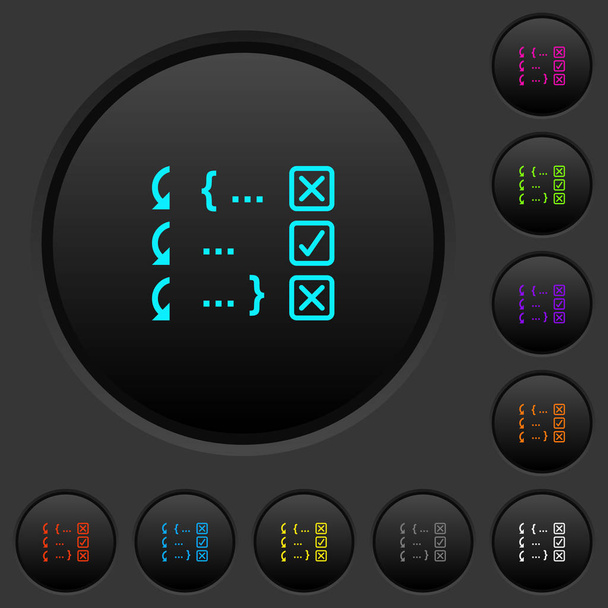 Debugging program dark push buttons with vivid color icons on dark grey background - Vector, Image