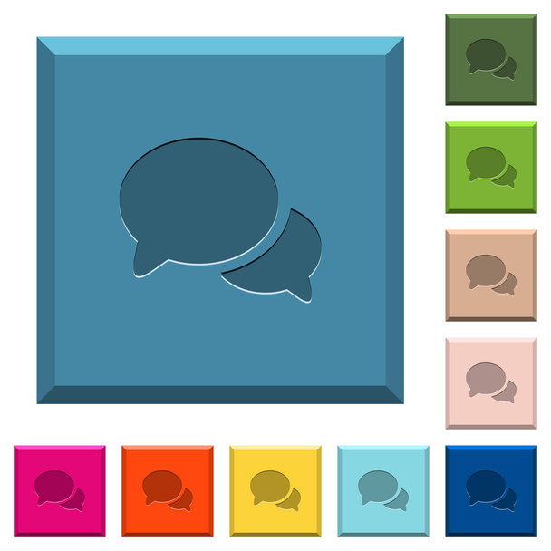 Discussion engraved icons on edged square buttons in various trendy colors - Vector, Image