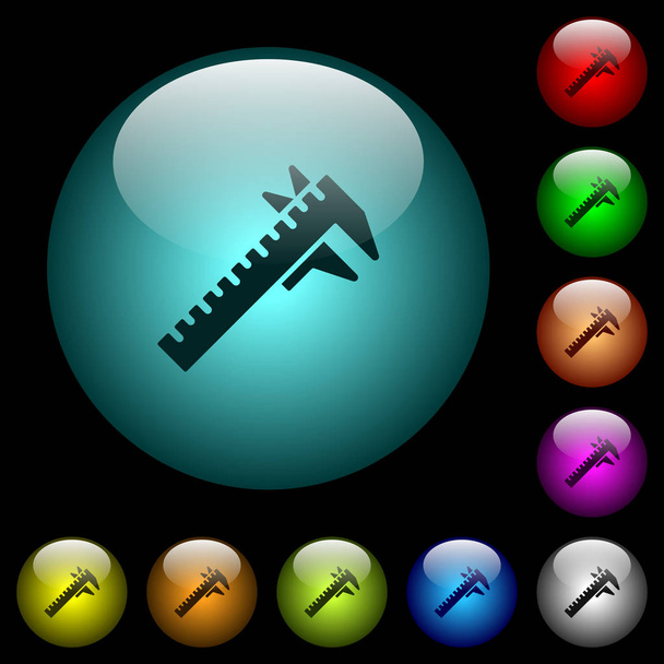 Caliper icons in color illuminated spherical glass buttons on black background. Can be used to black or dark templates - Vector, Image