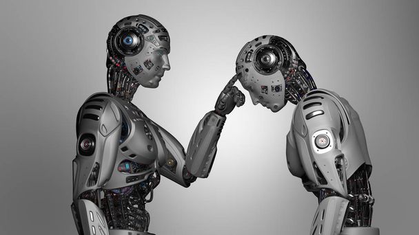 3D καθιστούν φουτουριστικό ρομπότ άνθρωπος αγγίζοντας το μέτωπο ένα άλλο πανομοιότυπο ρομπότ σε γκρίζο φόντο - Φωτογραφία, εικόνα