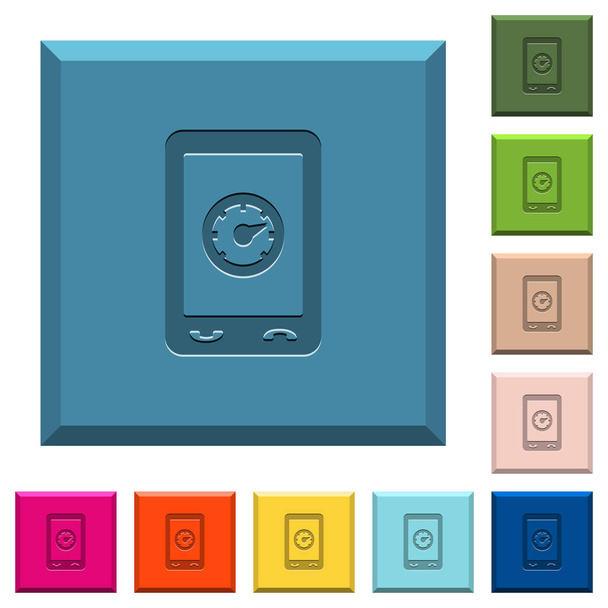 Iconos de referencia móvil grabados en botones cuadrados con bordes en varios colores de moda
 - Vector, imagen