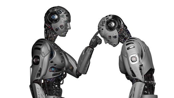 3D καθιστούν φουτουριστικό ρομπότ άνθρωπος αγγίζοντας το μέτωπο ένα άλλο πανομοιότυπο ρομπότ σε λευκό φόντο - Φωτογραφία, εικόνα