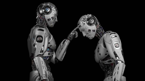 sehr detaillierter android cyborg berührt den kopf eines anderen baugleichen roboters. isoliert auf schwarzem Hintergrund. 3D-Darstellung - Foto, Bild