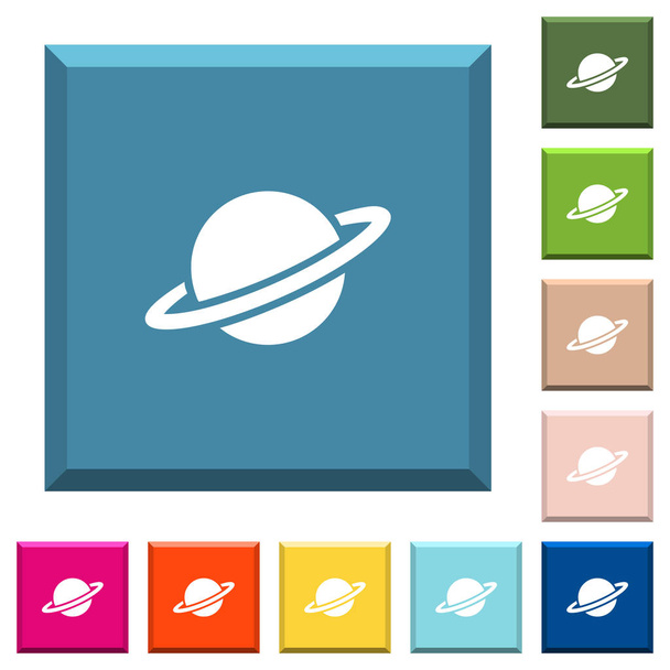 Fehér bolygó ikonok szélű négyzet alakú gombok különböző divatos színben - Vektor, kép