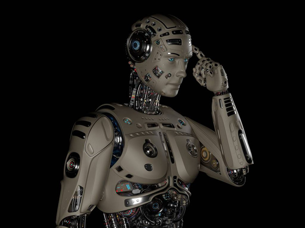 Robot dotykający jego czoła lub bardzo szczegółowy humanoidalny cyborg zaprasza ludzi do efektywniejszego korzystania z ich mózgu. Górna część ciała odizolowana na czarnym tle. 3d renderowanie - Zdjęcie, obraz