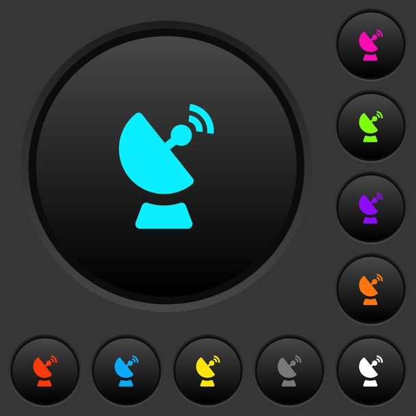 Satellitenschüssel dunkle Tasten mit lebendigen Farbsymbolen auf dunkelgrauem Hintergrund - Vektor, Bild