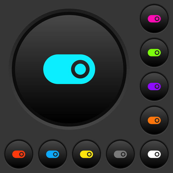 Toggle dark push buttons with vivid color icons on dark grey background - Vektör, Görsel