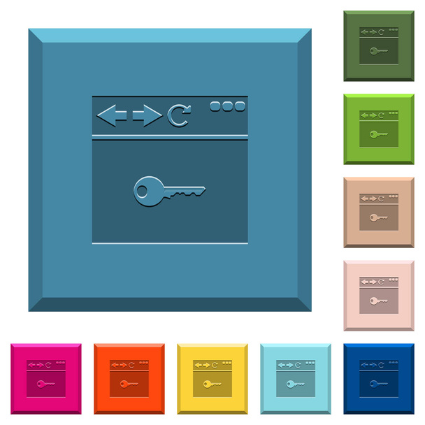 Browser encrypt engraved icons on edged square buttons in various trendy colors - Vector, Image