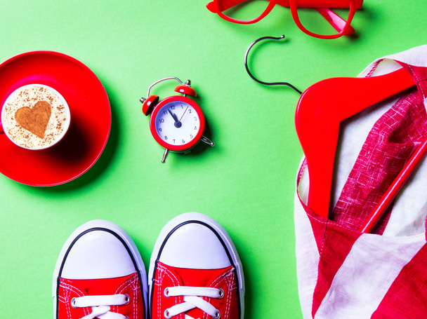 cup, clock, glasses, jacket, hanger, toy, gumshoes - Photo, Image