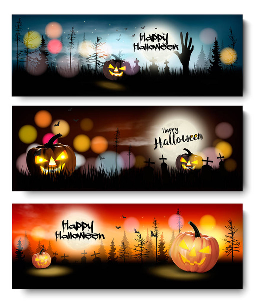 Set of Holiday Halloween banners with pumpkins and moon. Vector. - Vector, Imagen