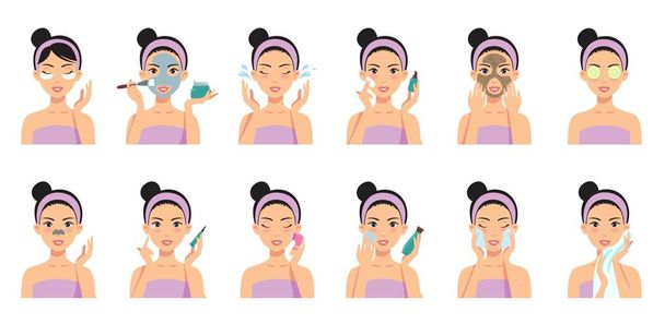 Beautiful girl cleaning and care her face with various actions. Vector illustration set isolated on white background. - Vector, Image