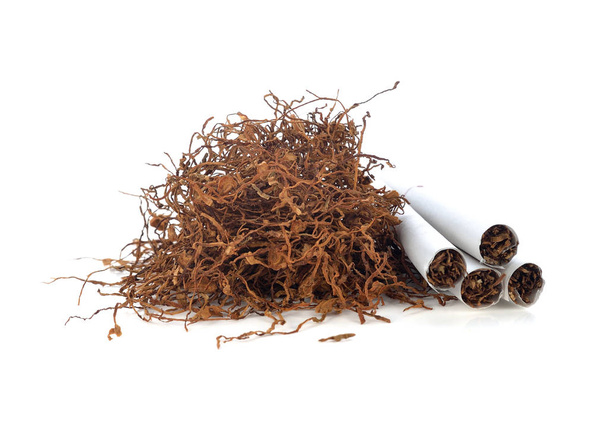 Hromadu tabáku a cigaret na bílém pozadí - Fotografie, Obrázek