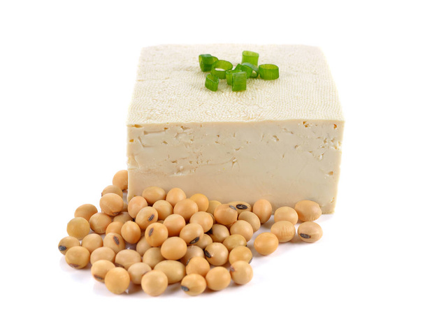 tofu and soy beans on white background - Photo, Image