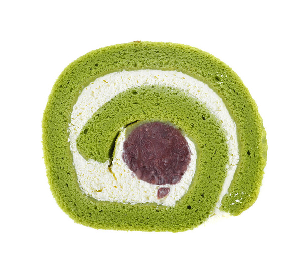 Matcha green tea yam roll cake isolated on white background - Photo, Image
