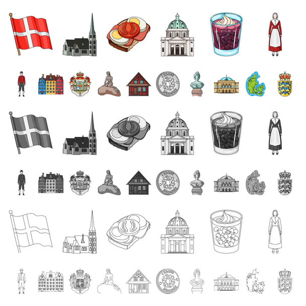Country Denmark cartoon icons in set collection for design. Travel and attractions Denmark vector symbol stock web illustration. - Вектор,изображение