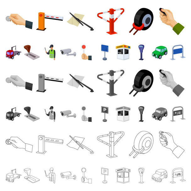 Aparcamiento para coches iconos de dibujos animados en la colección de conjuntos para el diseño. Equipo y servicio vector símbolo stock web ilustración
. - Vector, imagen