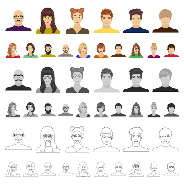 Ícones de desenhos animados Avatar e face na coleção de conjuntos para design. A aparência de uma pessoa símbolo vetorial web ilustração
. - Vetor, Imagem