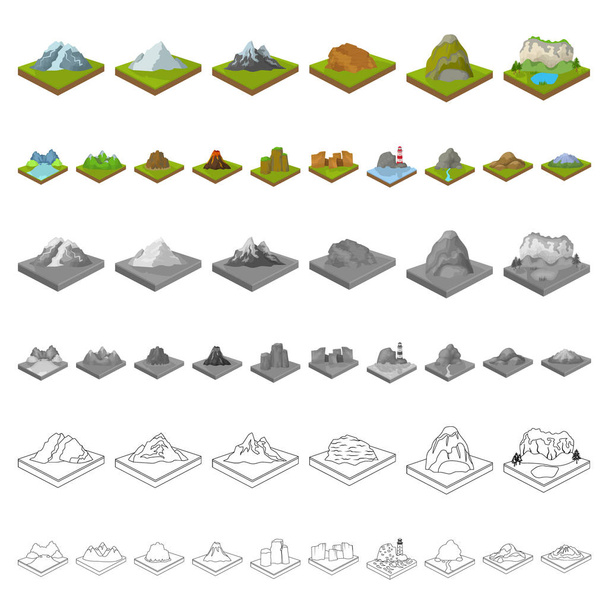 Mountains, massive cartoon icons in set collection for design. The surface of the earth vector isometric symbol stock web illustration. - Vektör, Görsel