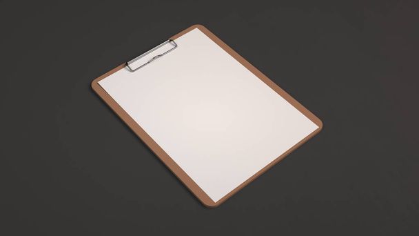 Wooden clipboard with white paper isolated on black background. Blank paper mockup. 3D rendering illustration. - Zdjęcie, obraz