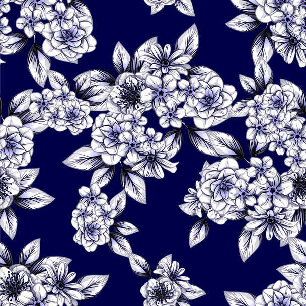 Seamless vintage style dark blue flower pattern. Floral elements. - Διάνυσμα, εικόνα