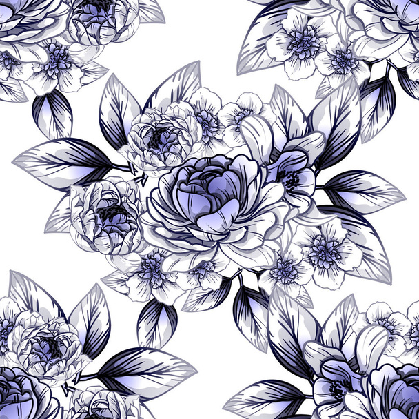 Seamless vintage style dark blue flower pattern. Floral elements. - Vector, Imagen