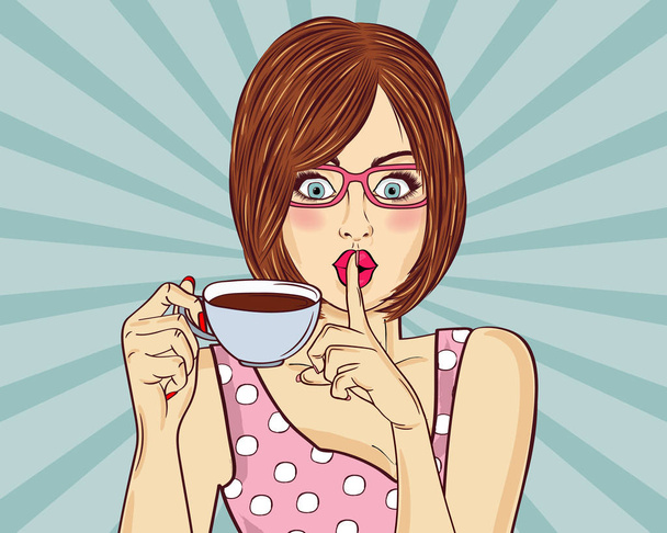 Sexy Pop-Art-Frau mit Kaffeetasse. Werbeplakat im Comic-Stil. Vektor - Vektor, Bild