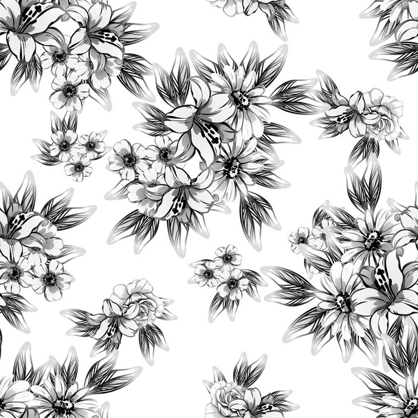 Seamless vintage style flower pattern. Floral elements in black and white. - ベクター画像