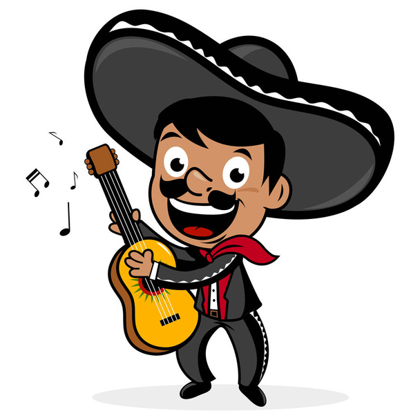 Mexican mariachi man wearing a sombrero, smiling, singing and playing the guitar. - Вектор,изображение