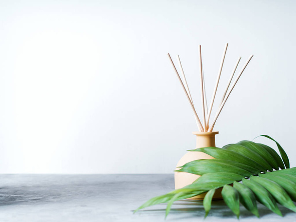 aroma reed fragrance diffuser with rattan sticks and green palm leaf on light grey background - 写真・画像